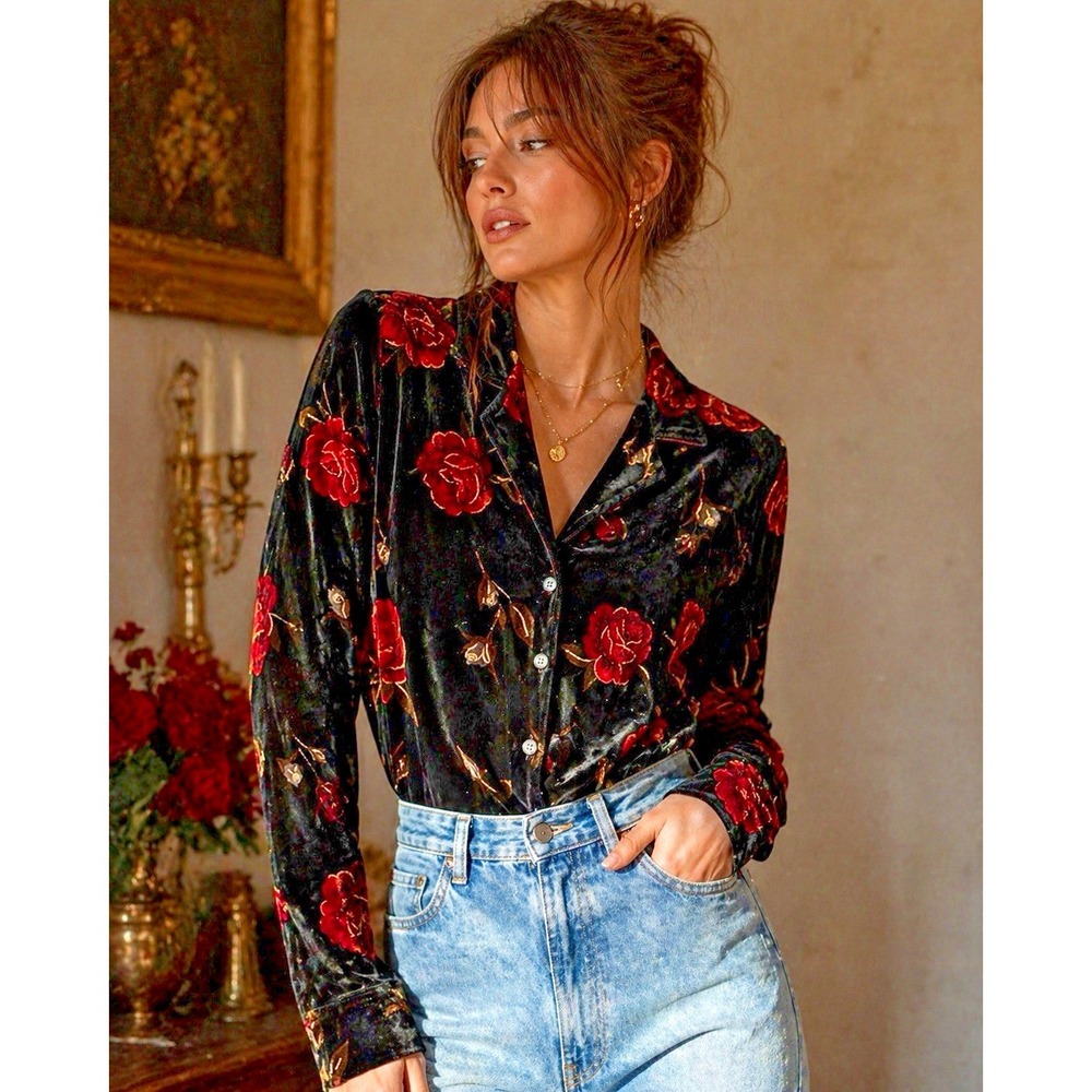 Sag Harbor Velvet Floral Blouse Sz S Black Red Roses Stretch Vintage 90 Romantic